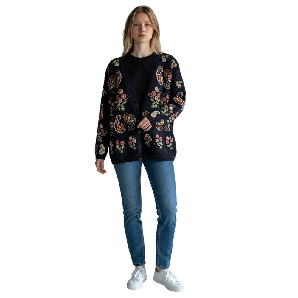 Marisa Christina Sweater Cardigan M Hand Knit Navy Paisley Floral Embroidered